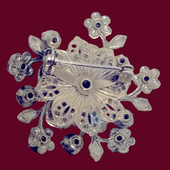Vintage Silver Flower Red Pink Rhinestone Brooch - Picture 3 of 3